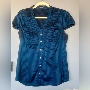 Express Black and Blue Striped Capped Sleeve, Pin-tucked Front Blouse size Large